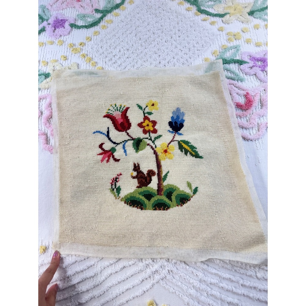 Vintage Handmade Needlepoint Folk Art Squirrel Tree of Life Canvas 16x16 Cream